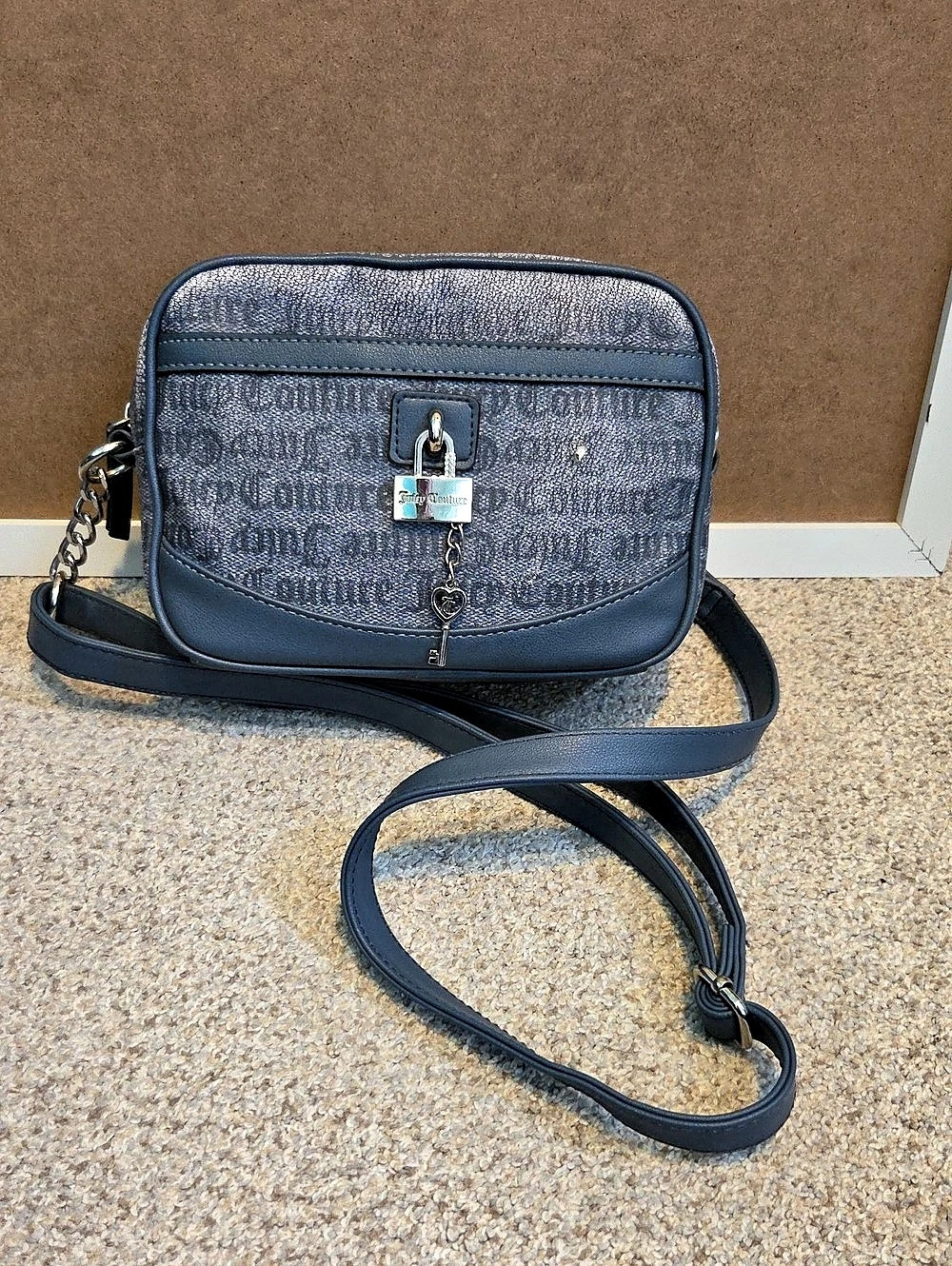 Juicy Couture Logo Monogram Camera Crossbody Bag with Lock and Key Blue